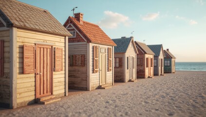 Colorful Beach Huts Lined Up on Sandy Shore Under Clear Sky
