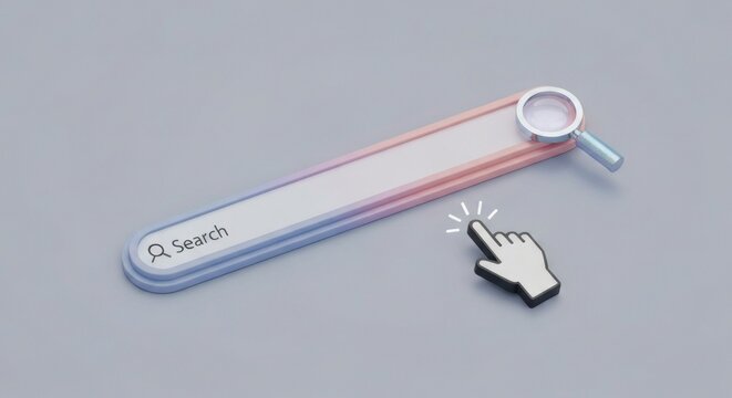 3D search bar with gradient colors, magnifying glass, and clicking hand cursor