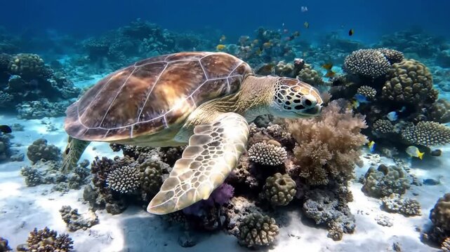 Close up shot of a sea turtle's patterned shell and wise eyes, conveying its serene existence within its untouched aquatic habitat. Tight shot of the turtle's head and part of its shell.