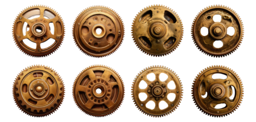Vintage Mechanical Gears With Detailed Textures and Designs, Isolated on Transparent, white background