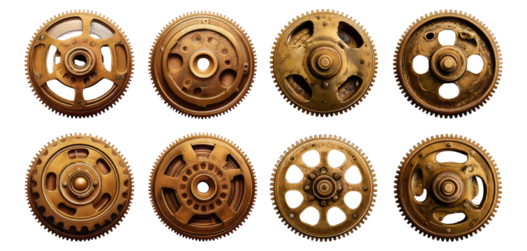 Vintage Mechanical Gears With Detailed Textures and Designs, Isolated on Transparent, white background