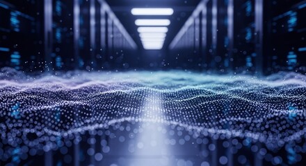 A digital landscape of glowing dots leading to a futuristic server room corridor