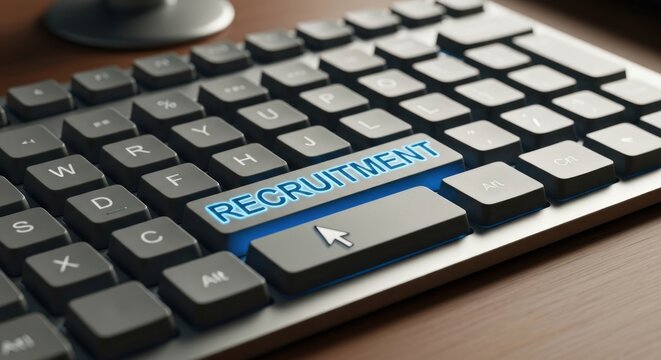 A close-up of a computer keyboard with a blue 'RECRUITMENT' key, a mouse pointer clicking it on a wooden desk