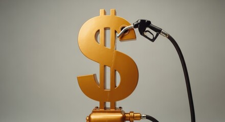 A golden dollar sign with a fuel pump nozzle inserted, representing energy finance