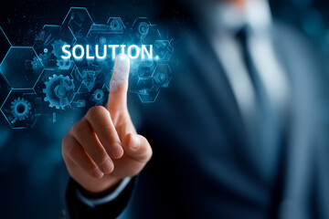 Business solution concept with businessman touching digital interface. Innovative technology solution for business growth and optimization.