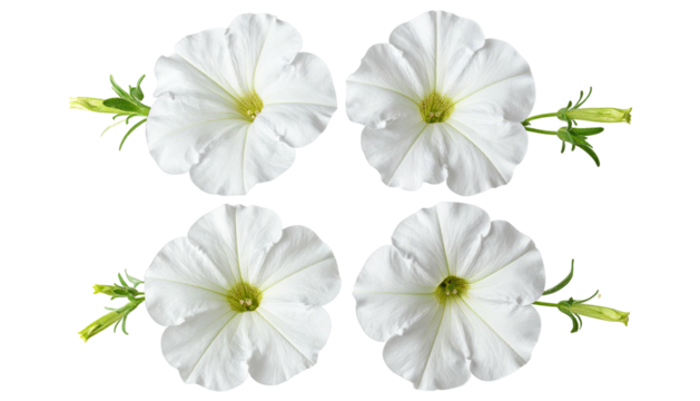 Four white petunia flowers arranged symmetrically
