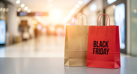 Exciting Black Friday shopping bags in a vibrant mall setting, signaling big holiday sales and consumer deals