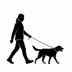 Black silhouette of a woman walking a dog on a leash.