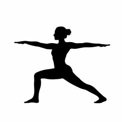 Black silhouette of a woman practicing the Warrior II yoga pose.