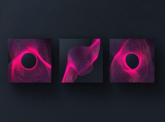 Three dark square panels featuring vibrant pink, flowing, linear wave patterns, some with central dark circles