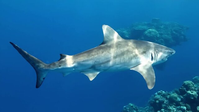 Capture the vastness of the ocean and the shark's integral role within its ecosystem, portraying a sense of wild, untamed nature. Establishing shot or environmental shot, showing the shark as a?