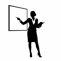 Silhouette of a businesswoman giving a presentation and pointing at a blank board.