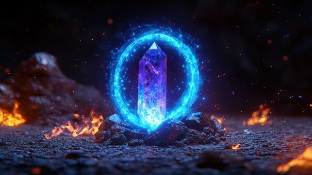 A glowing purple-blue crystal stands amidst rocks, encircled by a bright blue magic ring and embers