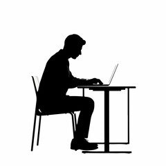 Silhouette of a man sitting at a desk and working on a laptop computer.