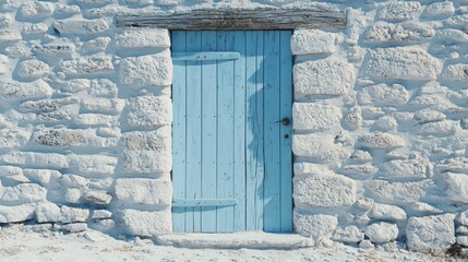 A rustic light blue wooden door set in a textured whitewashed stone wall with a beam