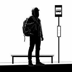 Silhouette of a mysterious hooded man with a backpack waiting at a bus stop.