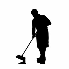 Silhouette of a person cleaning the floor with a squeegee or mop.