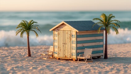 Charming Beach Hut Surrounded by Palm Trees on Sandy Shoreline