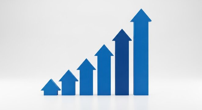 A series of blue arrows, gradually increasing in height and pointing up, depict growth