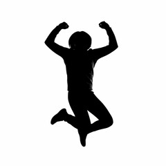 Silhouette of one person jumping for joy with arms raised in celebration.
