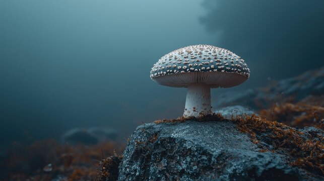 A solitary white-spotted mushroom grows on a mossy rock in a mystical, foggy landscape
