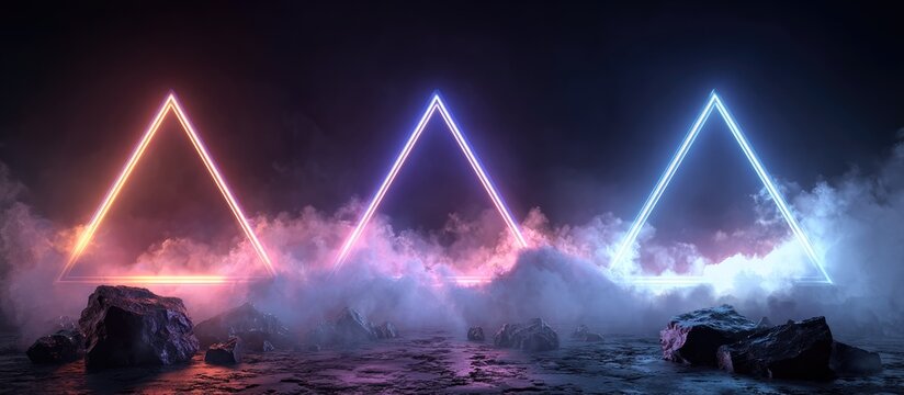 Three luminous triangular neon structures, orange, pink, and blue, rise from a low-lying fog above dark rocks on a mysterious, dark surface