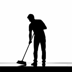 Black silhouette of a man sweeping a reflective floor.