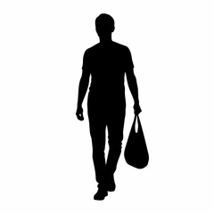 Black silhouette of a man walking forward while carrying a bag.