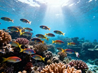 Fototapeta premium tropical ocean reef with sunlit corals and schooling fish for marine conservation themes
