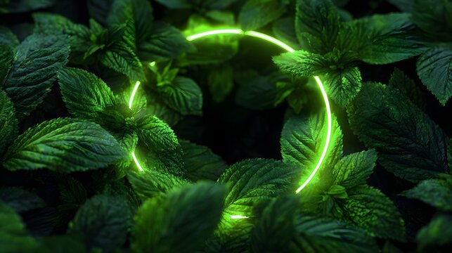 Glowing neon circle frame surrounded by lush green tropical leaves on dark background, modern eco-friendly design concept with futuristic nature vibe
