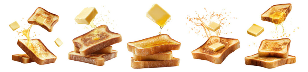Deliciously Toasted Bread with Butter Melting on Top in Sequence, Isolated on Transparent, white background