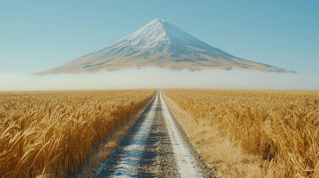 A straight dirt road cuts through golden wheat fields towards a snow-capped mountain above fog - Powered by Adobe
