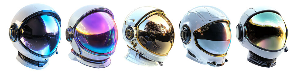 Stylish Astronaut Helmets Displayed in Modern Design Showcase, Isolated on Transparent, white background