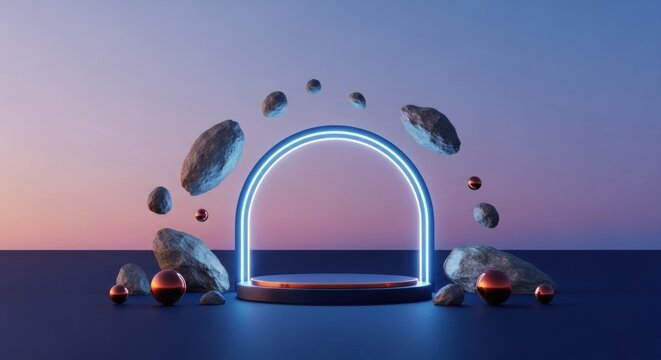 Abstract 3D render blue neon arch, pedestal, floating rocks and spheres, gradient sky - Powered by Adobe