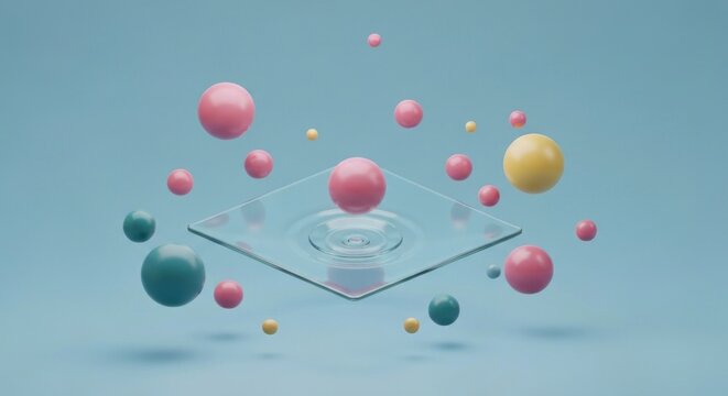 Abstract 3D render colorful spheres float around a rippling glass square on blue background - Powered by Adobe