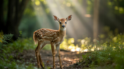 Fawn stands on forest path bathed in ethereal sunlight filtering through trees.