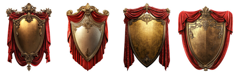 Ornate Golden Shields with Red Drapes for Elegant Decor Themes, Isolated on Transparent Background