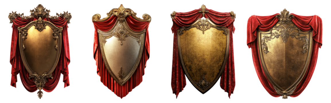 Ornate Golden Shields with Red Drapes for Elegant Decor Themes, Isolated on Transparent Background