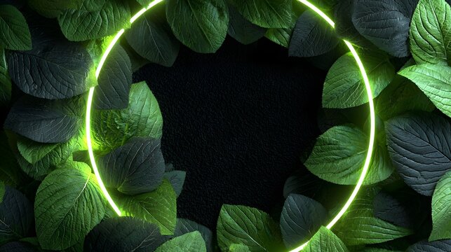 Glowing neon circle frame surrounded by lush green tropical leaves on dark background, modern eco-friendly design concept with futuristic nature vibe