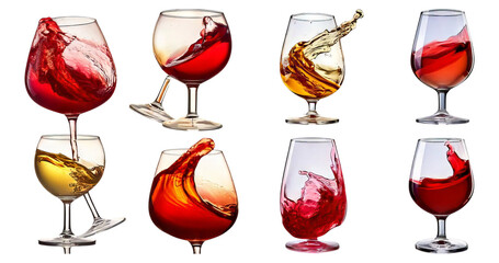 Assorted Glasses with Colorful Liquid and Splashing Effects, Isolated on Transparent, white background