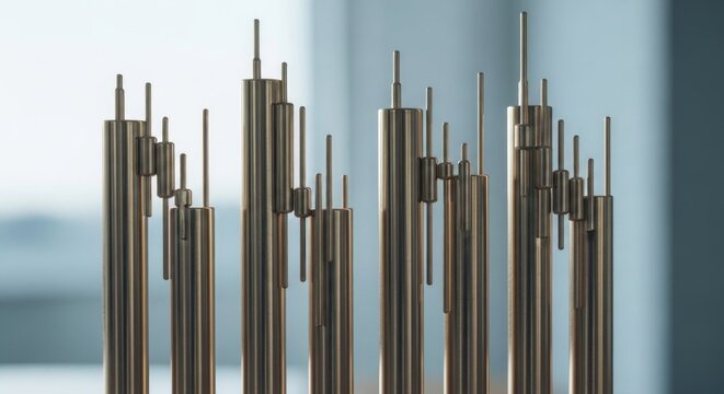 Abstract metallic sculpture resembling a futuristic cityscape or intricate data visualization