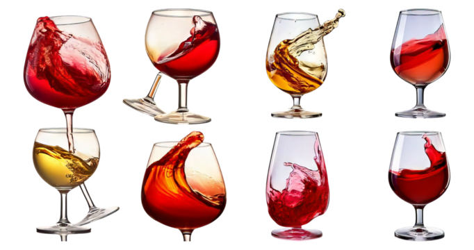 Assorted Glasses with Colorful Liquid and Splashing Effects, Isolated on Transparent, white background