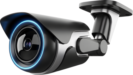 Modern security surveillance camera with blue LED ring, high-tech CCTV device for home and business monitoring