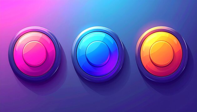 Three colorful, glowing button illustrations on a gradient background