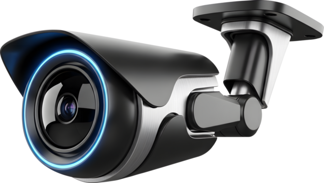 Modern security surveillance camera with blue LED ring, high-tech CCTV device for home and business monitoring