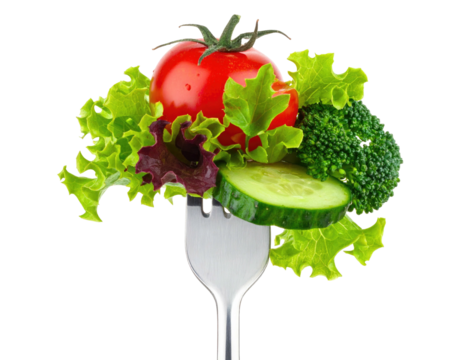 Fresh greens, tomato, cucumber & broccoli on a silver fork