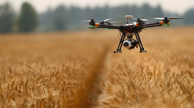 Agricultural drone flying over green crop field in modern farmland, smart farming technology for precision agriculture and sustainable food production - Powered by Adobe