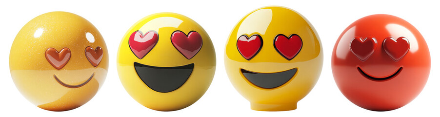 Colorful Emoji Faces with Hearts and Smiling Expressions, Isolated on Transparent Background