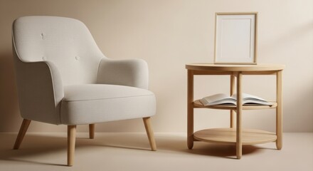 Obraz premium Cozy armchair and wooden side table with open book in a neutral room