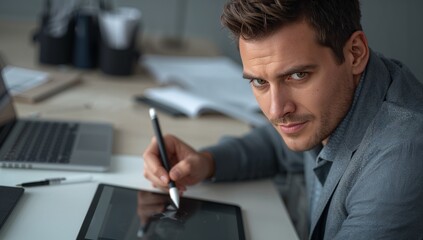 Young Man Engaged in Digital Art Creation with Drawing Tablet